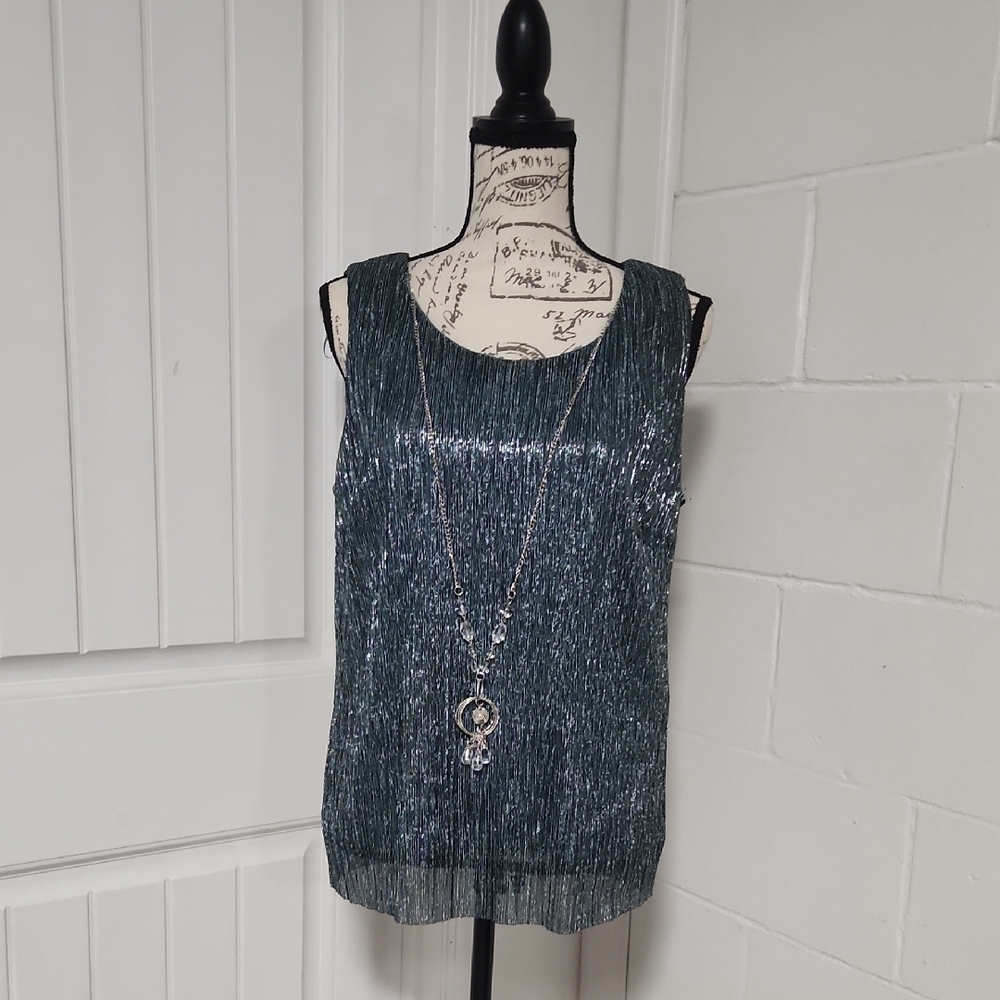 R&M Richards Shimmering Blue Metallic Sleeveless Top & Detachable Necklace 14 XL